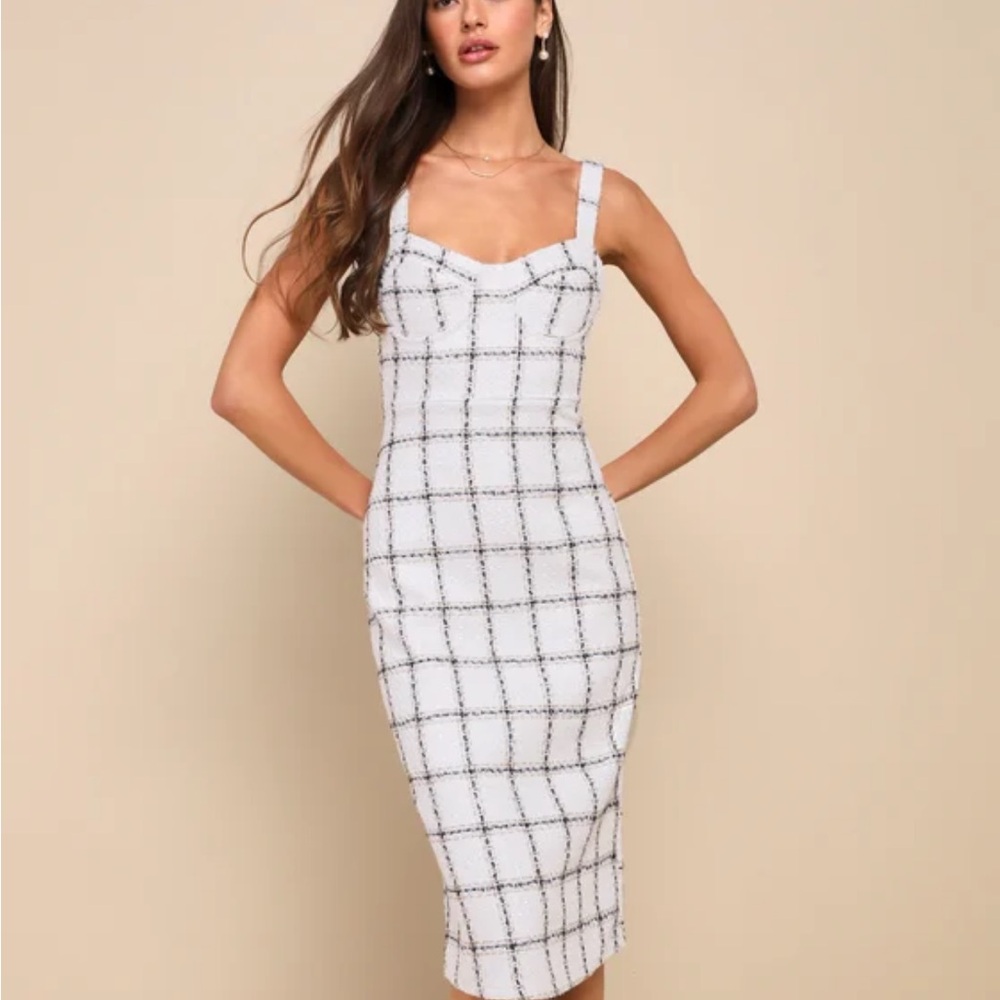 Lulu's Elevated Delight White Multi Plaid Tweed Bustier
Midi Dress